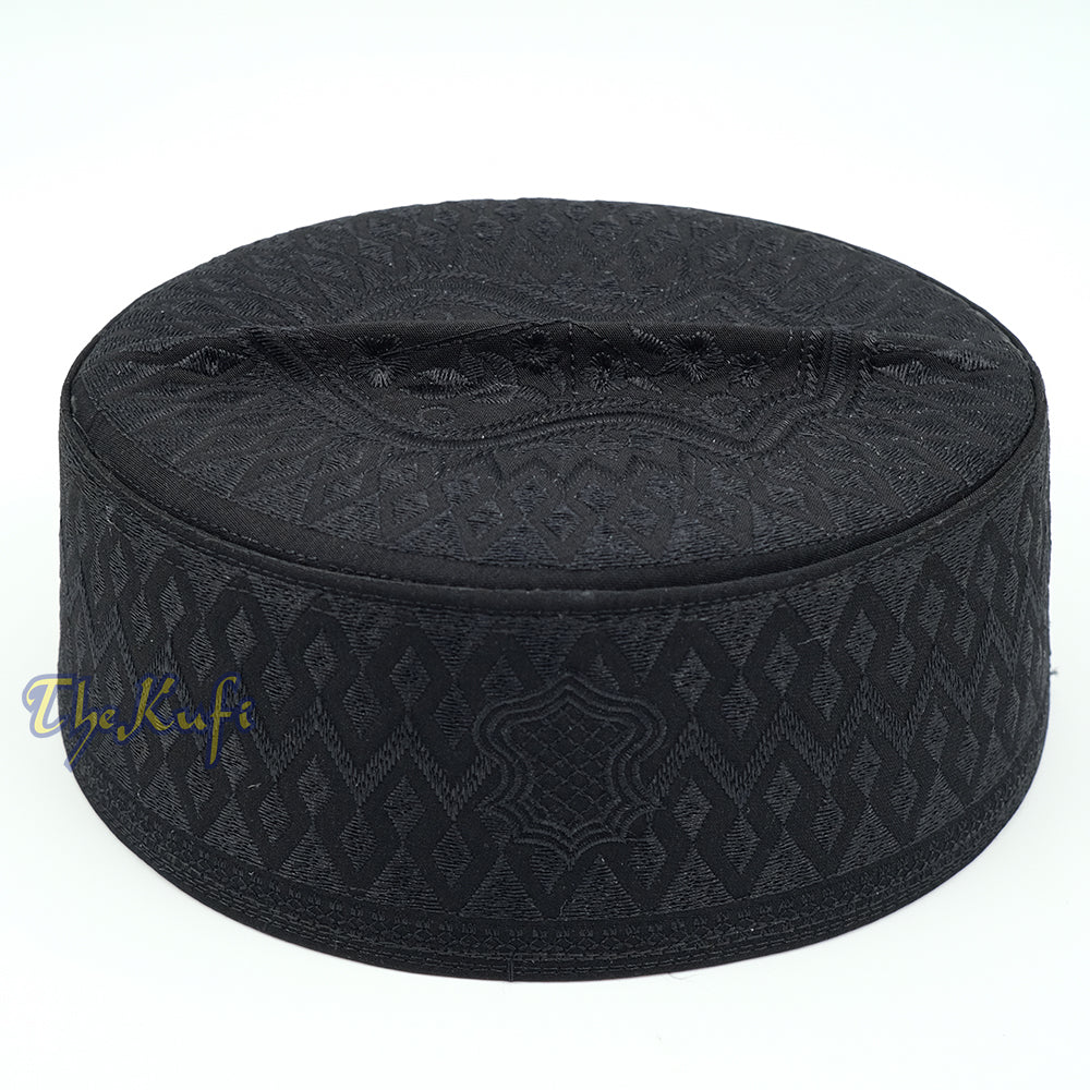 Black & Black Assagofah Embroidered Sandal Diamond Design Creased-Top Oval Nalain Rigid Kufi Hat