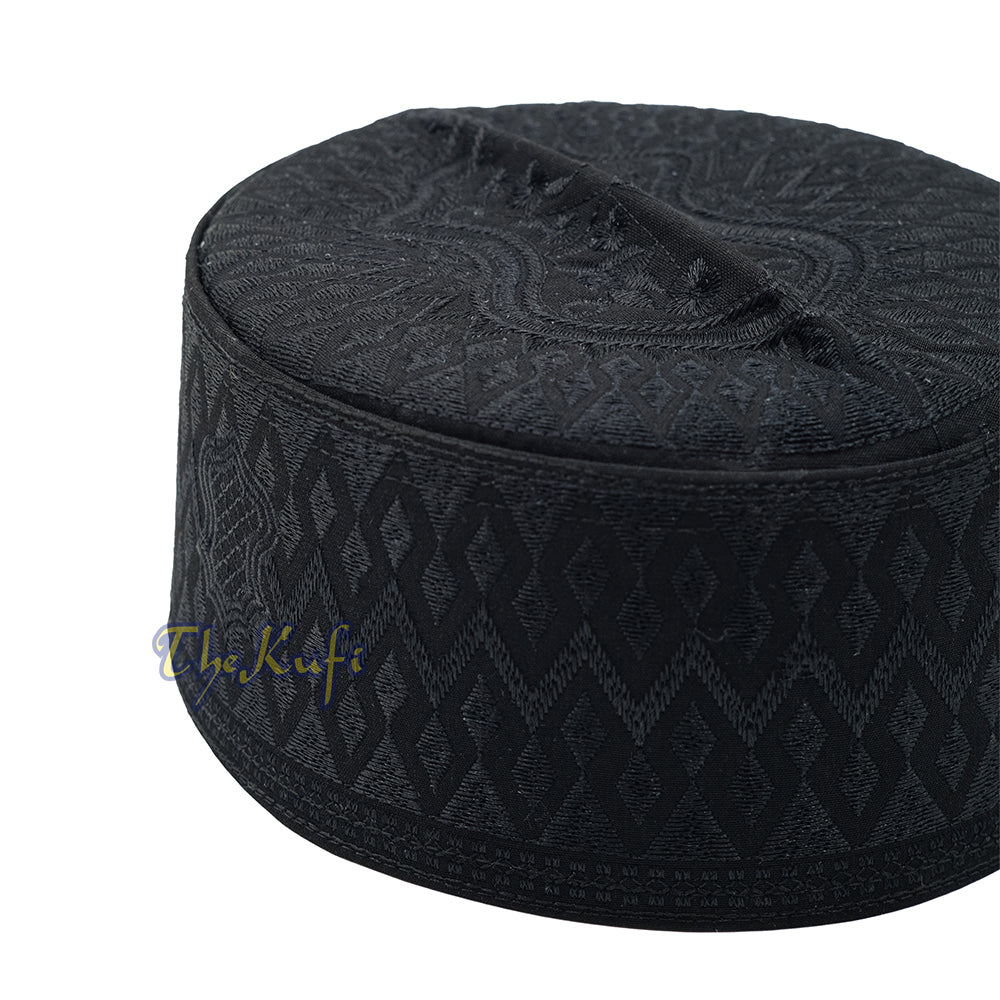 Black & Black Assagofah Embroidered Sandal Diamond Design Creased-Top Oval Nalain Rigid Kufi Hat