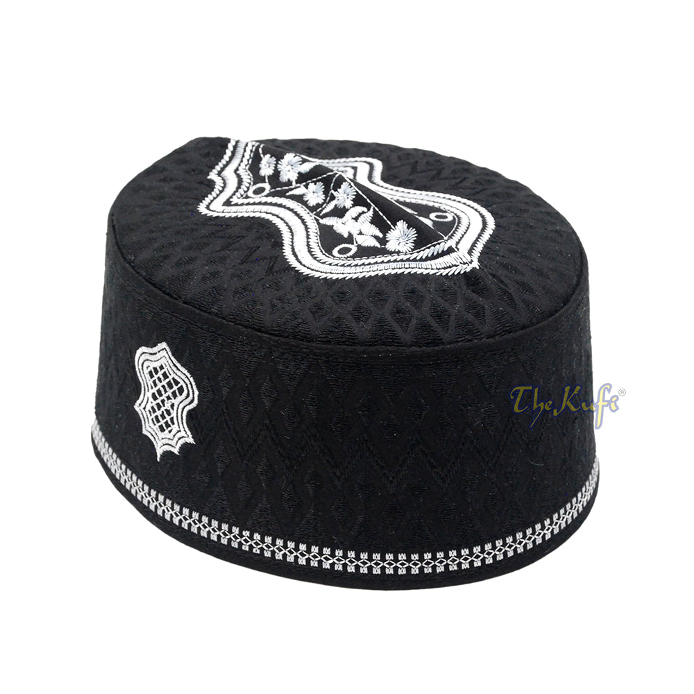 Black & White Assagofah Embroidered Sandal Diamond Design Creased-Top Oval Nalain Rigid Kufi Hat