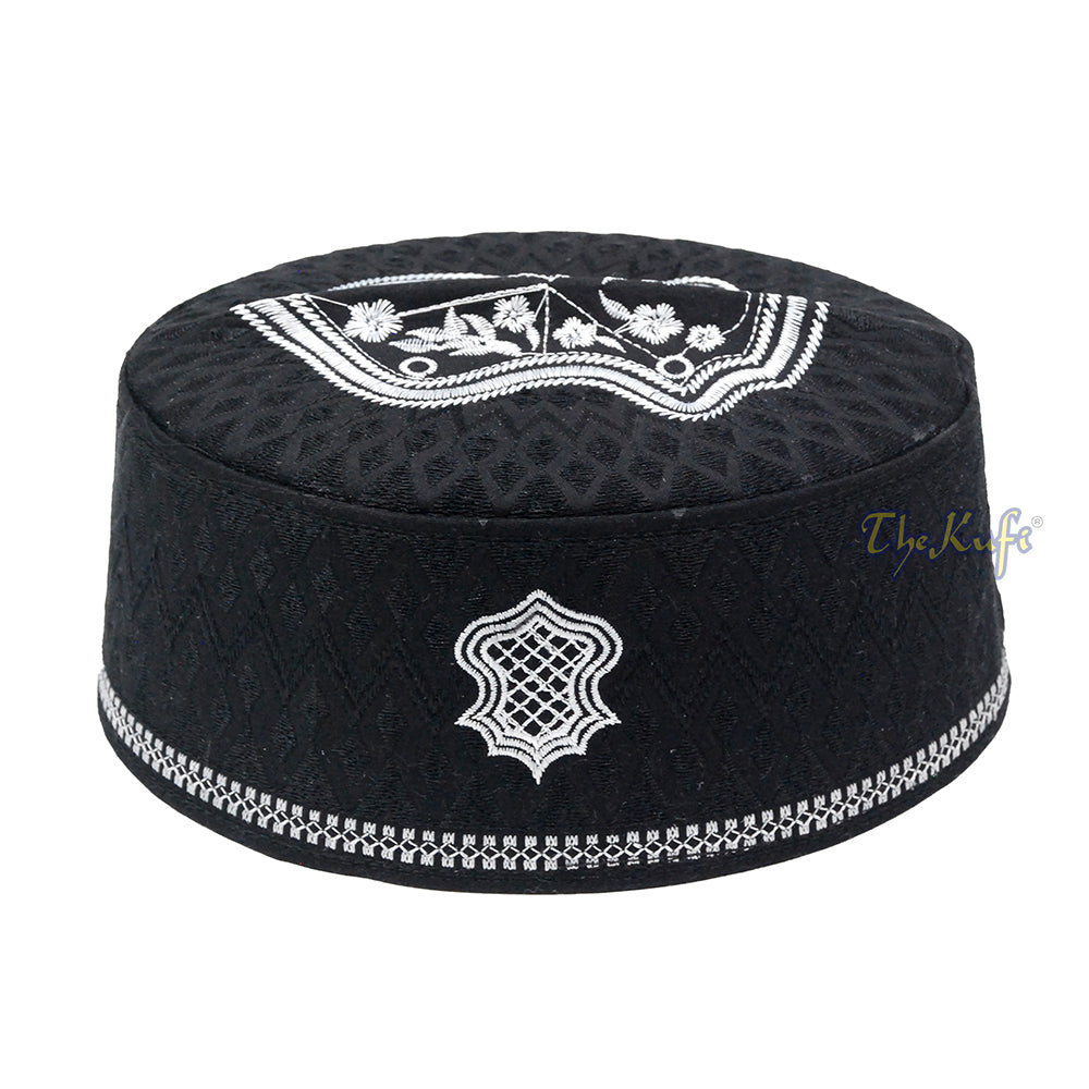 Black & White Assagofah Embroidered Sandal Diamond Design Creased-Top Oval Nalain Rigid Kufi Hat