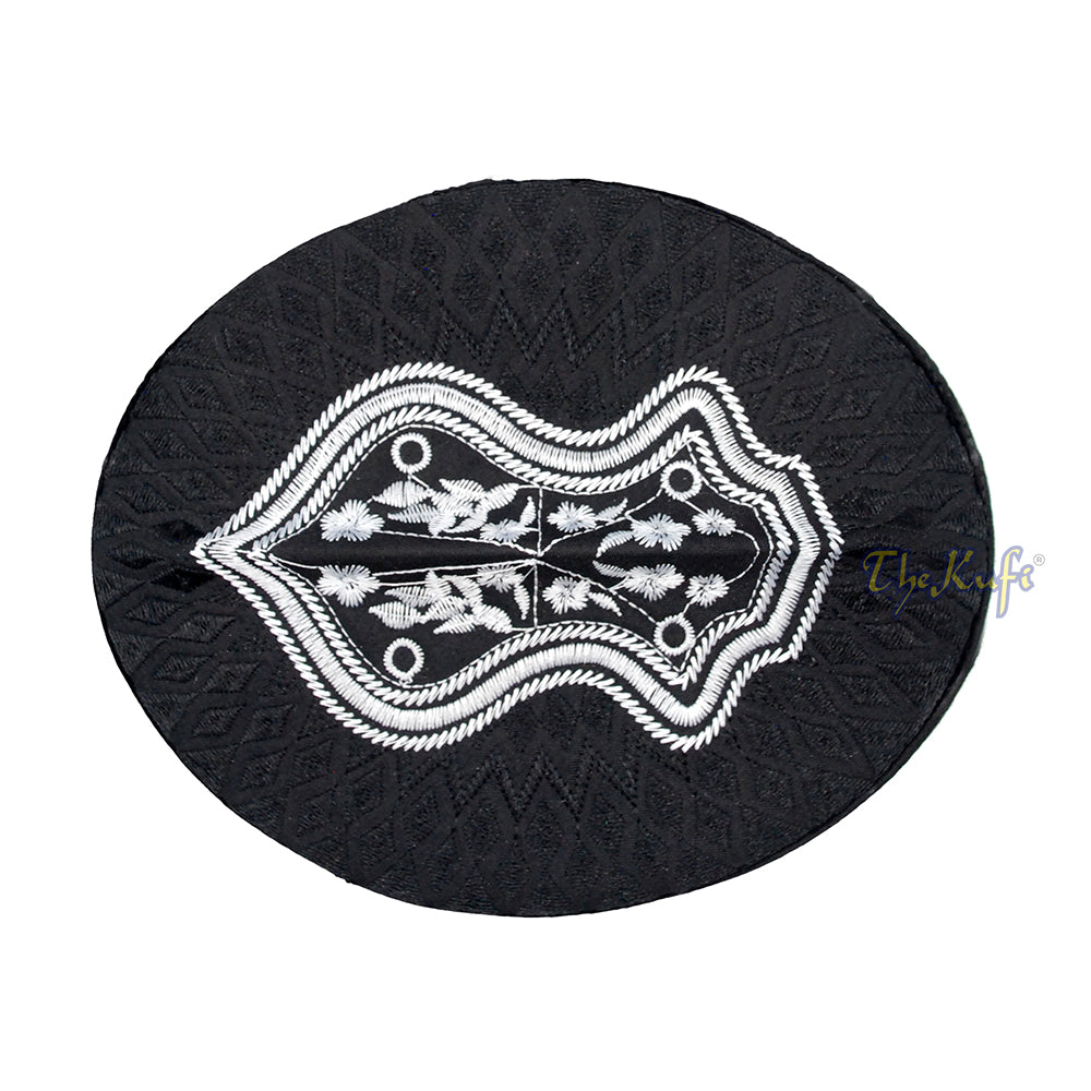Black & White Assagofah Embroidered Sandal Diamond Design Creased-Top Oval Nalain Rigid Kufi Hat