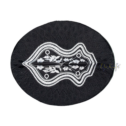 Black & White Assagofah Embroidered Sandal Diamond Design Creased-Top Oval Nalain Rigid Kufi Hat