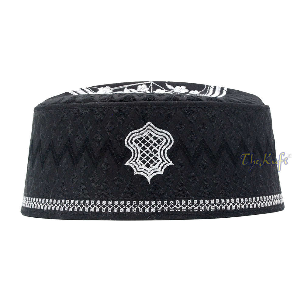 Black & White Assagofah Embroidered Sandal Diamond Design Creased-Top Oval Nalain Rigid Kufi Hat