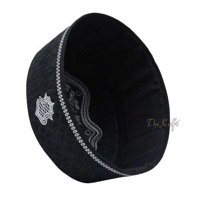 Black & White Assagofah Embroidered Sandal Diamond Design Creased-Top Oval Nalain Rigid Kufi Hat