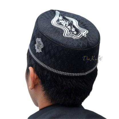 Black & White Assagofah Embroidered Sandal Diamond Design Creased-Top Oval Nalain Rigid Kufi Hat