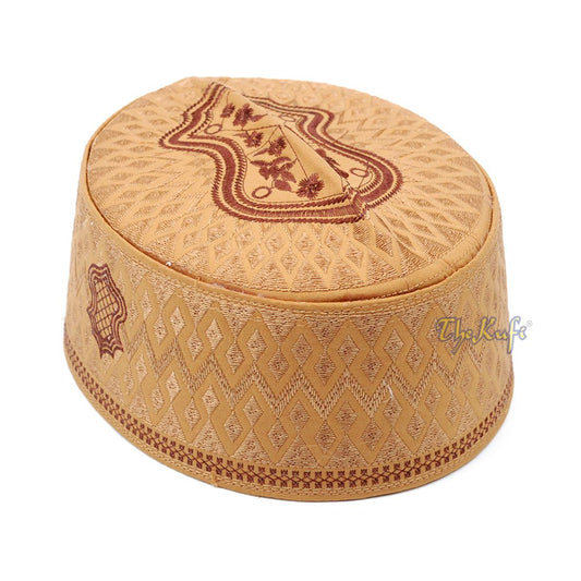 Rust Brown & Brown Assagofah Embroidered Sandal Diamond Design Creased-Top Oval Nalain Rigid Kufi Hat