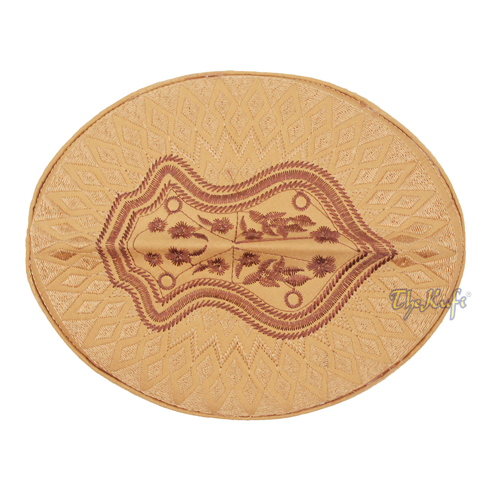 Rust Brown & Brown Assagofah Embroidered Sandal Diamond Design Creased-Top Oval Nalain Rigid Kufi Hat