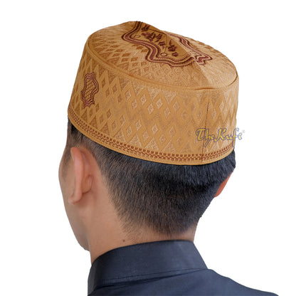 Rust Brown & Brown Assagofah Embroidered Sandal Diamond Design Creased-Top Oval Nalain Rigid Kufi Hat