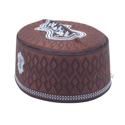 Dark Brown & White Assagofah Embroidered Sandal Diamond Design Creased-Top Oval Nalain Rigid Kufi Hat