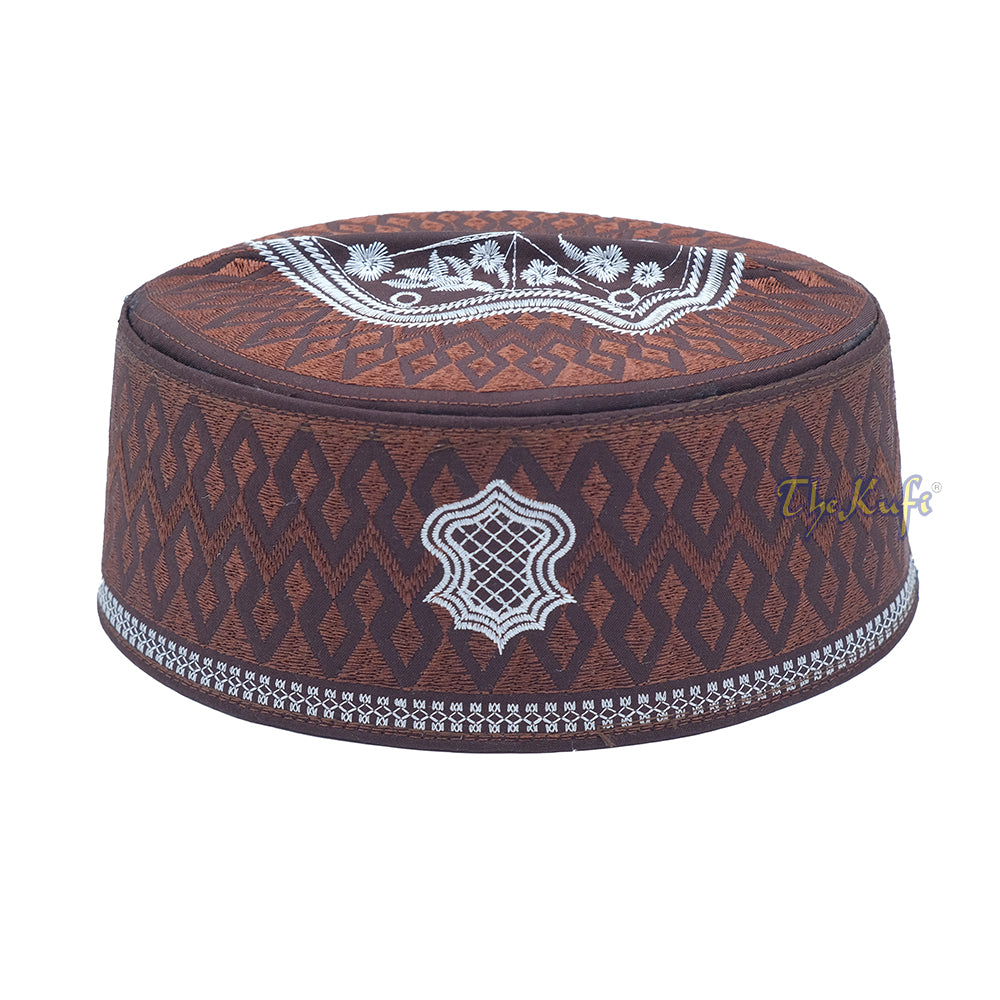 Dark Brown & White Assagofah Embroidered Sandal Diamond Design Creased-Top Oval Nalain Rigid Kufi Hat