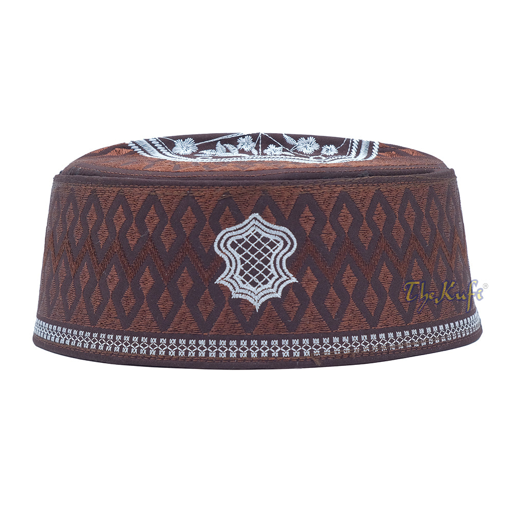 Dark Brown & White Assagofah Embroidered Sandal Diamond Design Creased-Top Oval Nalain Rigid Kufi Hat