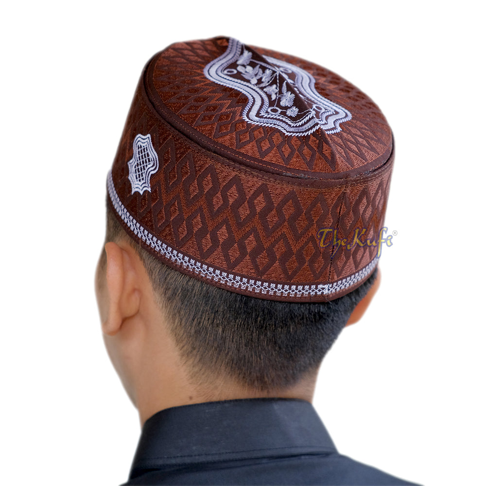 Dark Brown & White Assagofah Embroidered Sandal Diamond Design Creased-Top Oval Nalain Rigid Kufi Hat