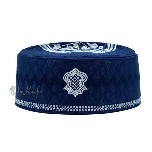 Navy Blue & White Assagofah Embroidered Sandal Diamond Design Creased-Top Oval Nalain Rigid Kufi Hat