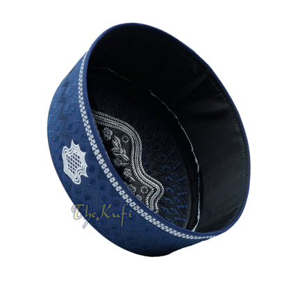 Navy Blue & White Assagofah Embroidered Sandal Diamond Design Creased-Top Oval Nalain Rigid Kufi Hat