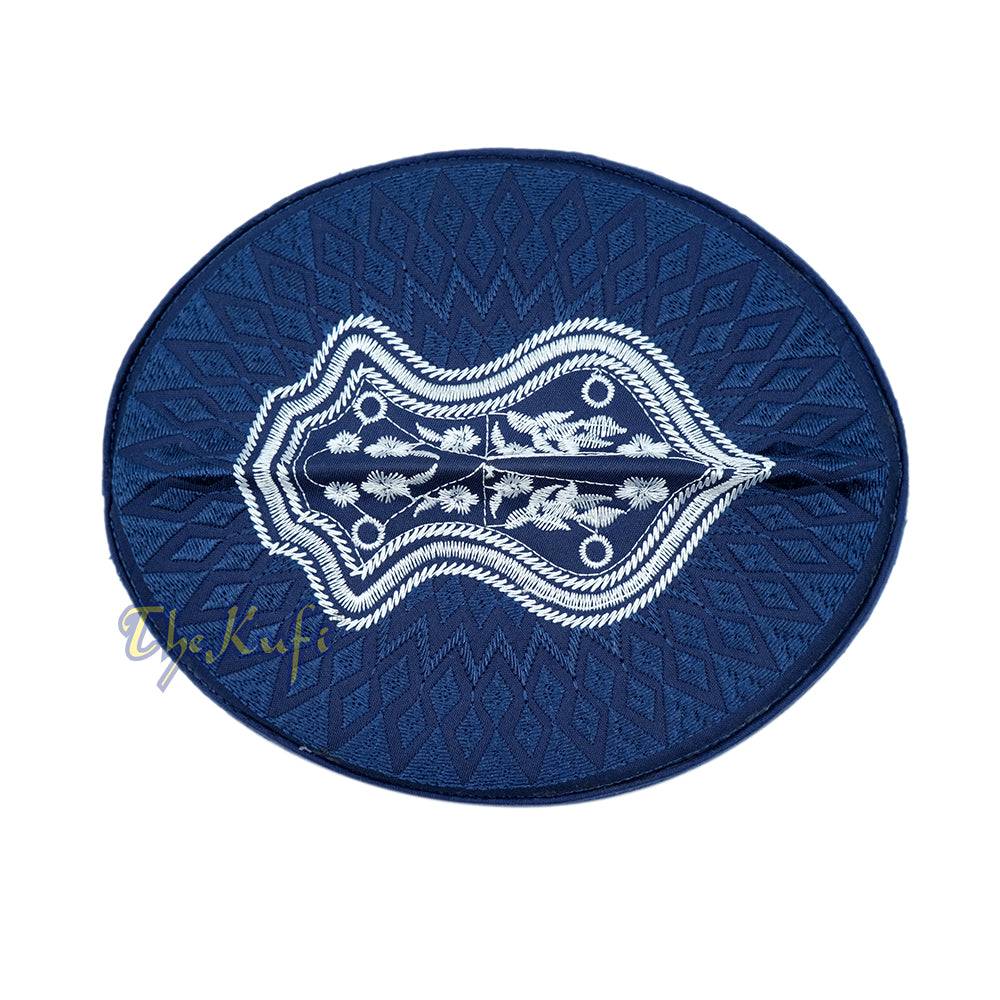 Navy Blue & White Assagofah Embroidered Sandal Diamond Design Creased-Top Oval Nalain Rigid Kufi Hat