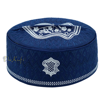 Navy Blue & White Assagofah Embroidered Sandal Diamond Design Creased-Top Oval Nalain Rigid Kufi Hat