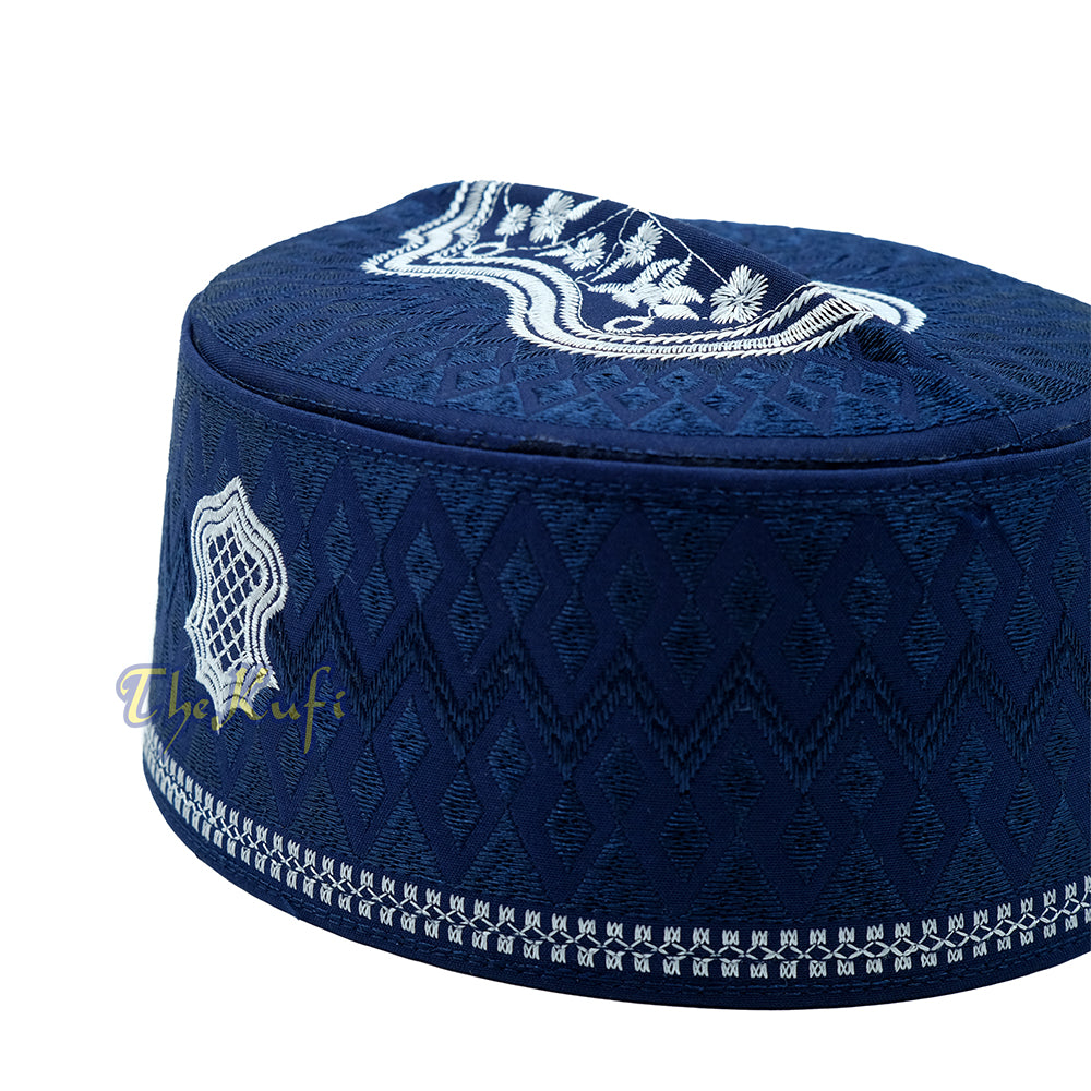 Navy Blue & White Assagofah Embroidered Sandal Diamond Design Creased-Top Oval Nalain Rigid Kufi Hat