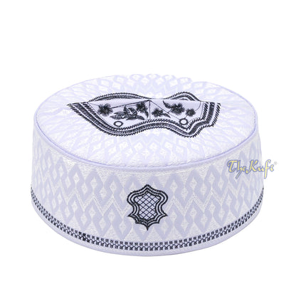 White & Black Assagofah Embroidered Sandal Diamond Design Creased-Top Oval Nalain Rigid Kufi Hat