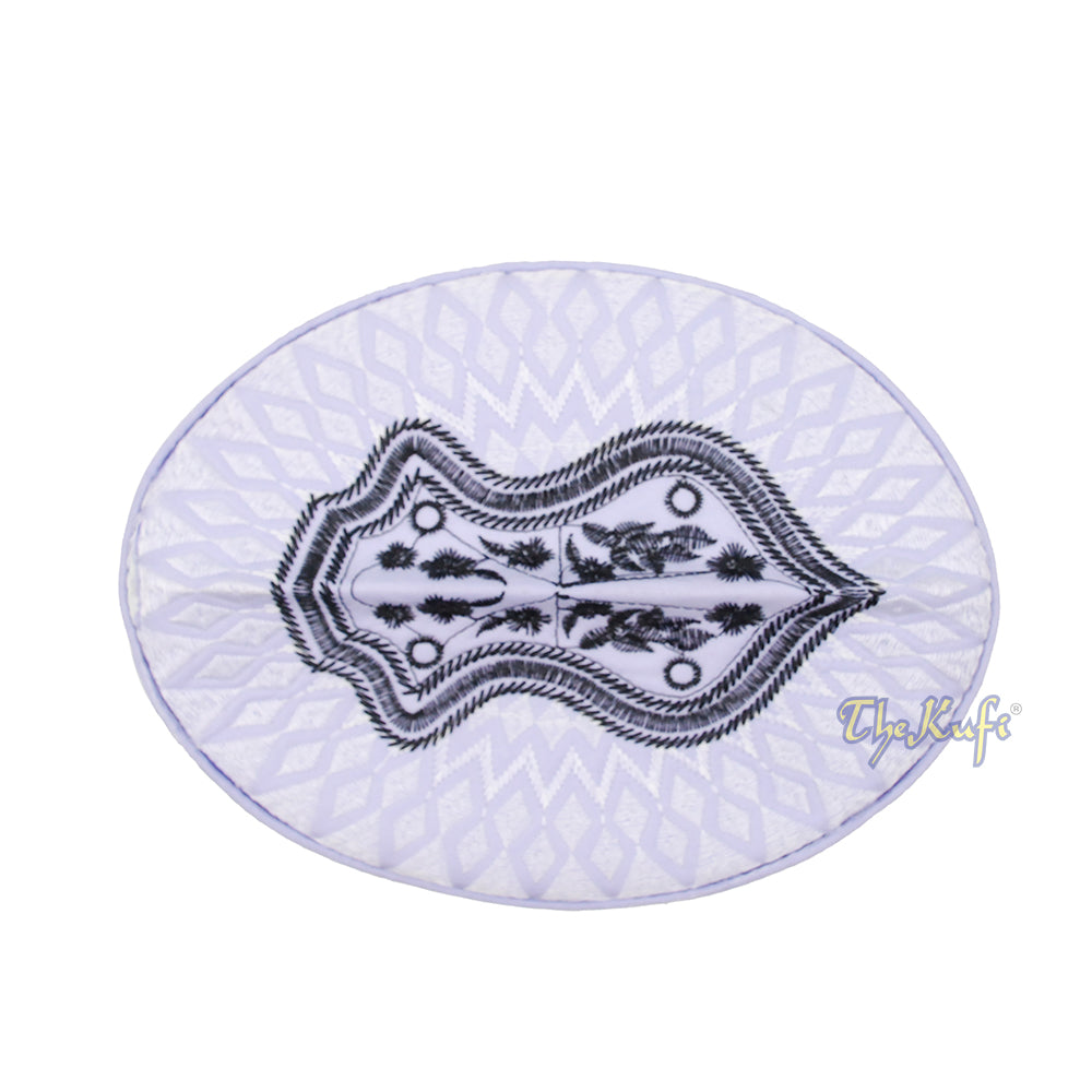 White & Black Assagofah Embroidered Sandal Diamond Design Creased-Top Oval Nalain Rigid Kufi Hat