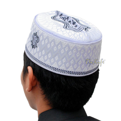 White & Black Assagofah Embroidered Sandal Diamond Design Creased-Top Oval Nalain Rigid Kufi Hat