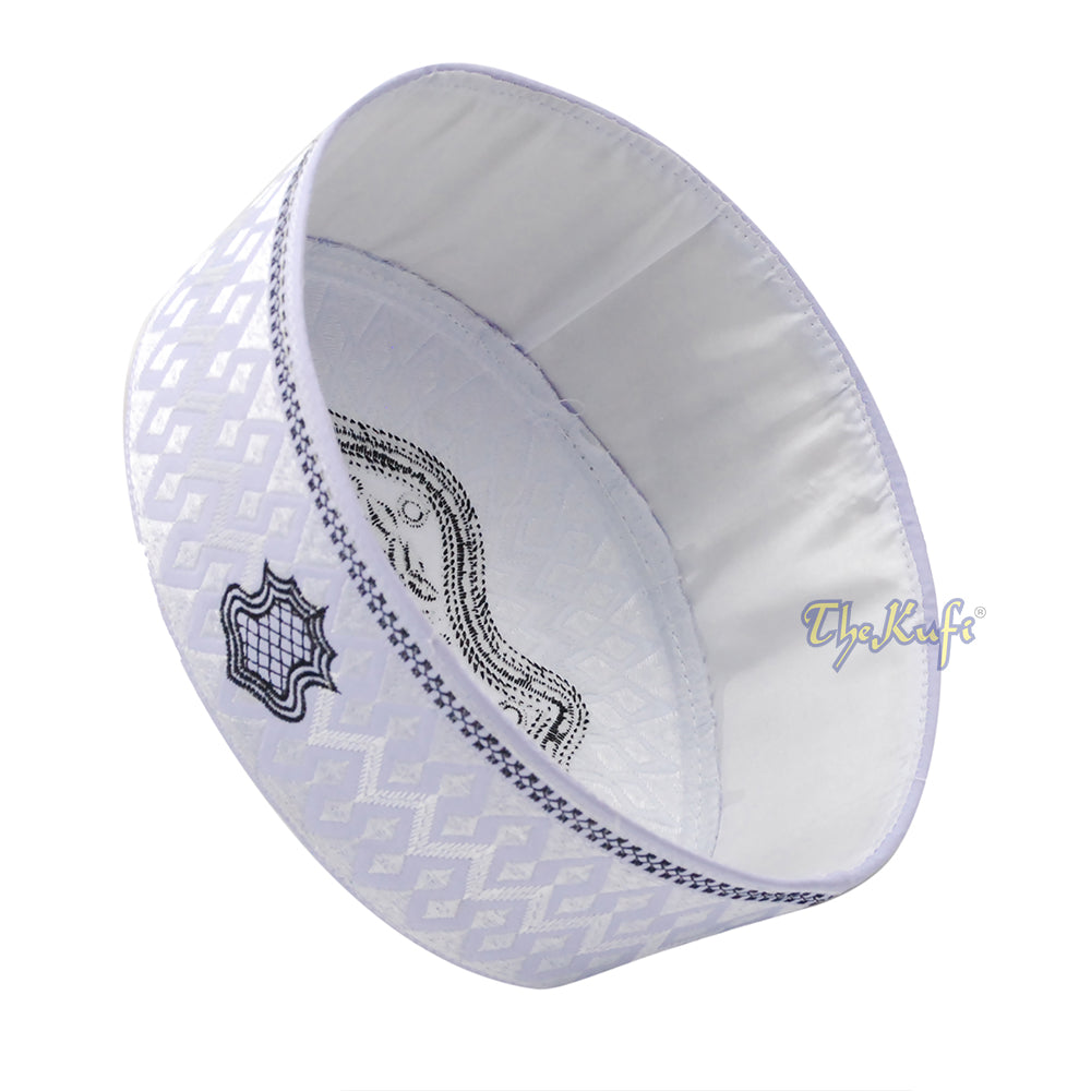 White & Black Assagofah Embroidered Sandal Diamond Design Creased-Top Oval Nalain Rigid Kufi Hat