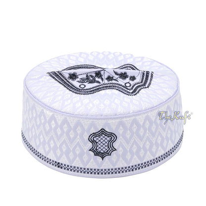 White & Black Assagofah Embroidered Sandal Diamond Design Creased-Top Oval Nalain Rigid Kufi Hat
