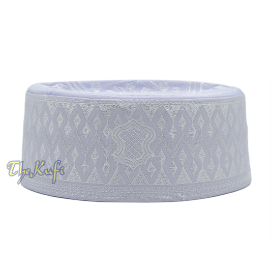 White & White Assagofah Embroidered Sandal Diamond Design Creased-Top Oval Nalain Rigid Kufi Hat