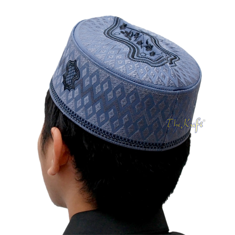 Dark Grey & Black Assagofah Embroidered Sandal Diamond Design Creased-Top Oval Nalain Rigid Kufi Hat