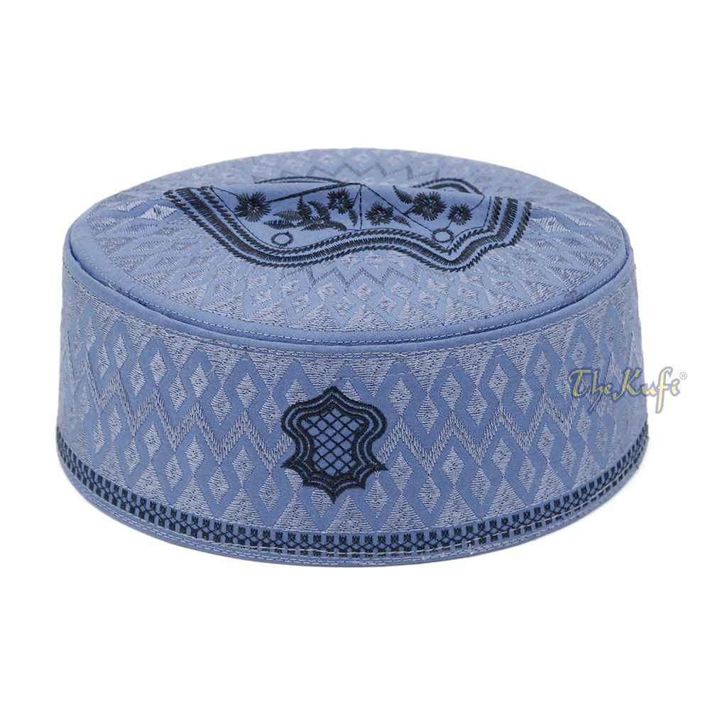 Dark Gray & Black Assagofah Embroidered Sandal Diamond Design Creased-Top Oval Nalain Rigid Kufi Hat