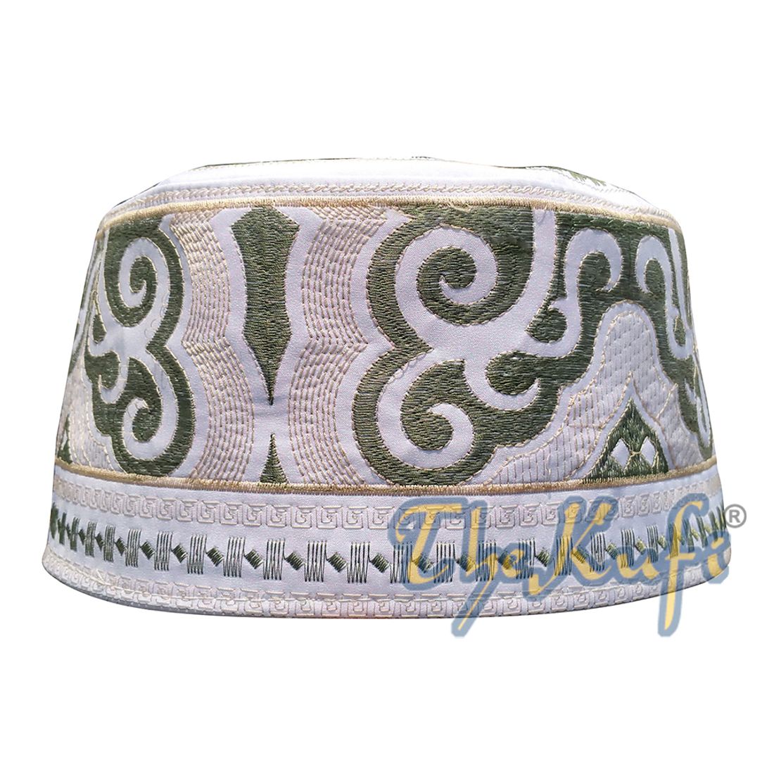 Omani Islamic Embroidered Kufi Hat White Base with Olive Green Cream Embroidery