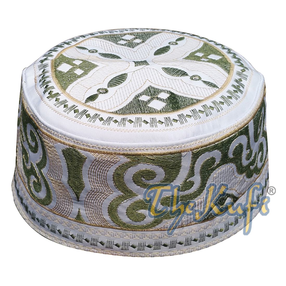 Omani Islamic Embroidered Kufi Hat White Base with Olive Green Cream Embroidery