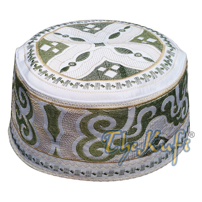 Topi Kufi Bordir Islami Oman Dasar Putih dengan Bordir Krim Hijau Zaitun