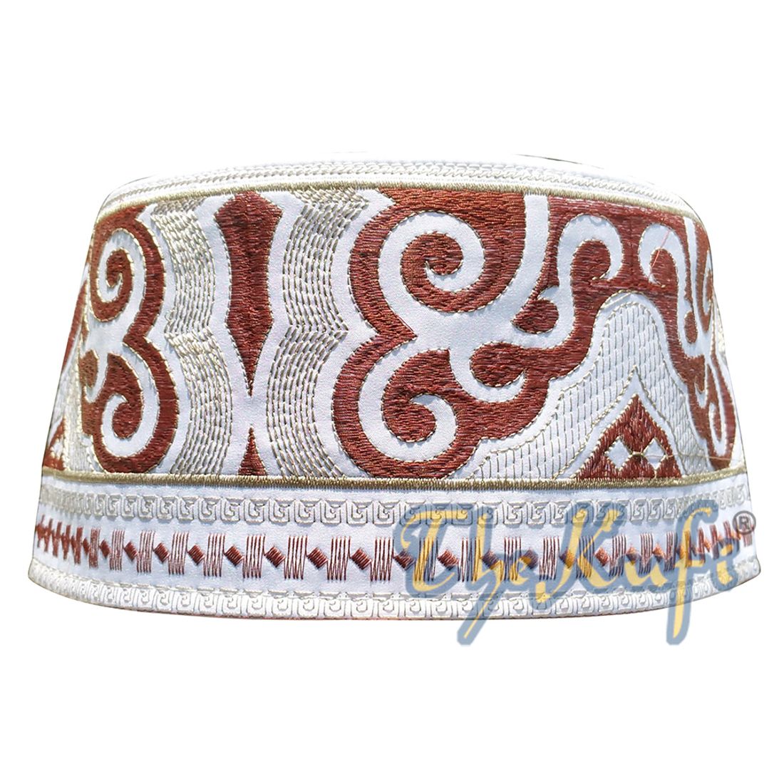 Omani Islamic Embroidered Kufi Hat White Base with Brown and Beige Embroidery