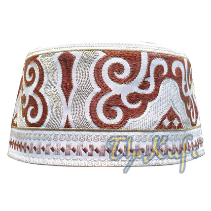 Omani Islamic Embroidered Kufi Hat White Base With Brown And Beige Embroidery