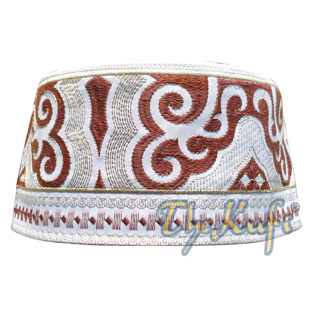 Omani Islamic Embroidered Kufi Hat White Base with Brown and Beige Embroidery