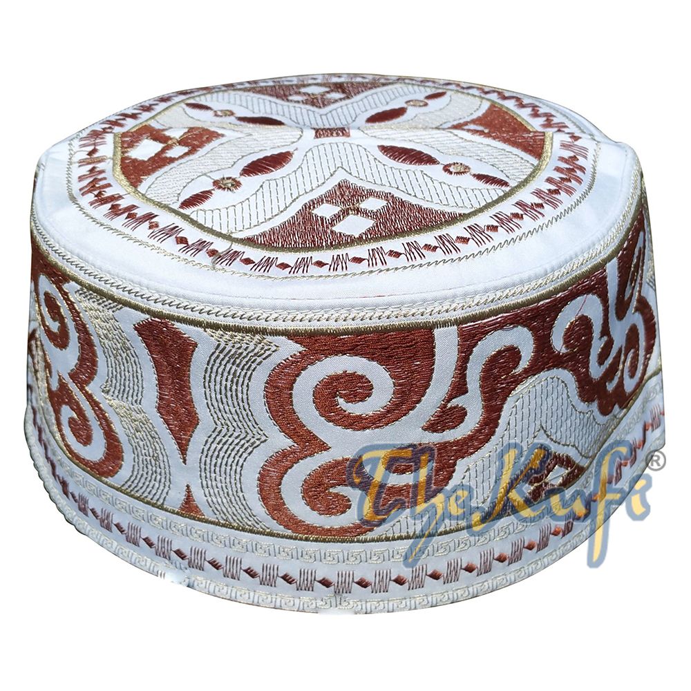 Omani Islamic Embroidered Kufi Hat White Base with Brown and Beige Embroidery