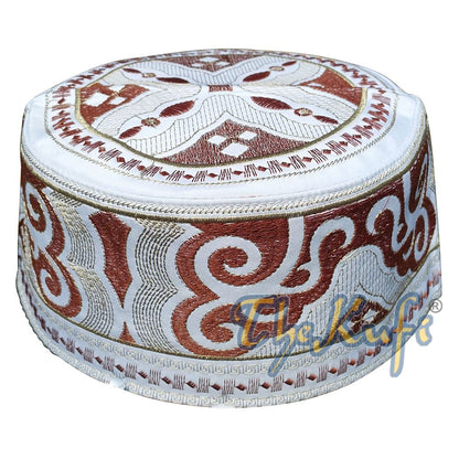 Omani Islamic Embroidered Kufi Hat White Base with Brown and Beige Embroidery