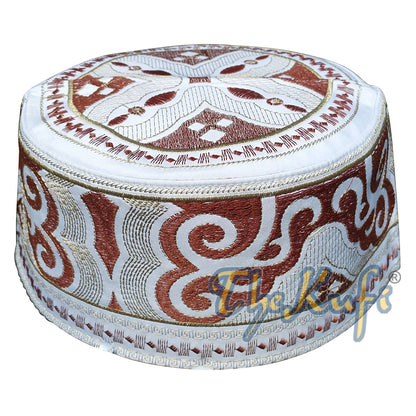 Omani Islamic Embroidered Kufi Hat White Base with Brown and Beige Embroidery