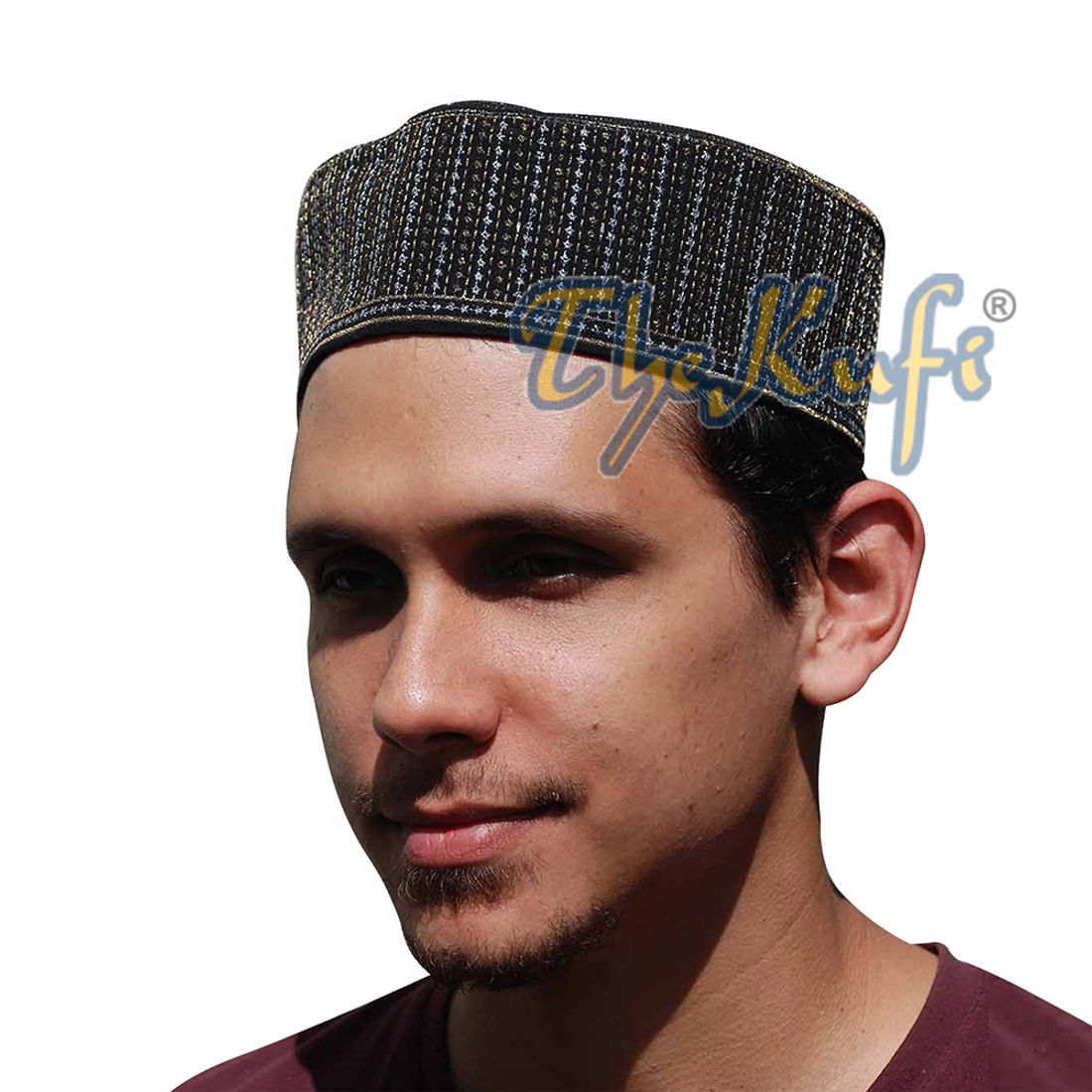 Rigid Metallic Thread Embroidered Kufi with Golden Top Ring