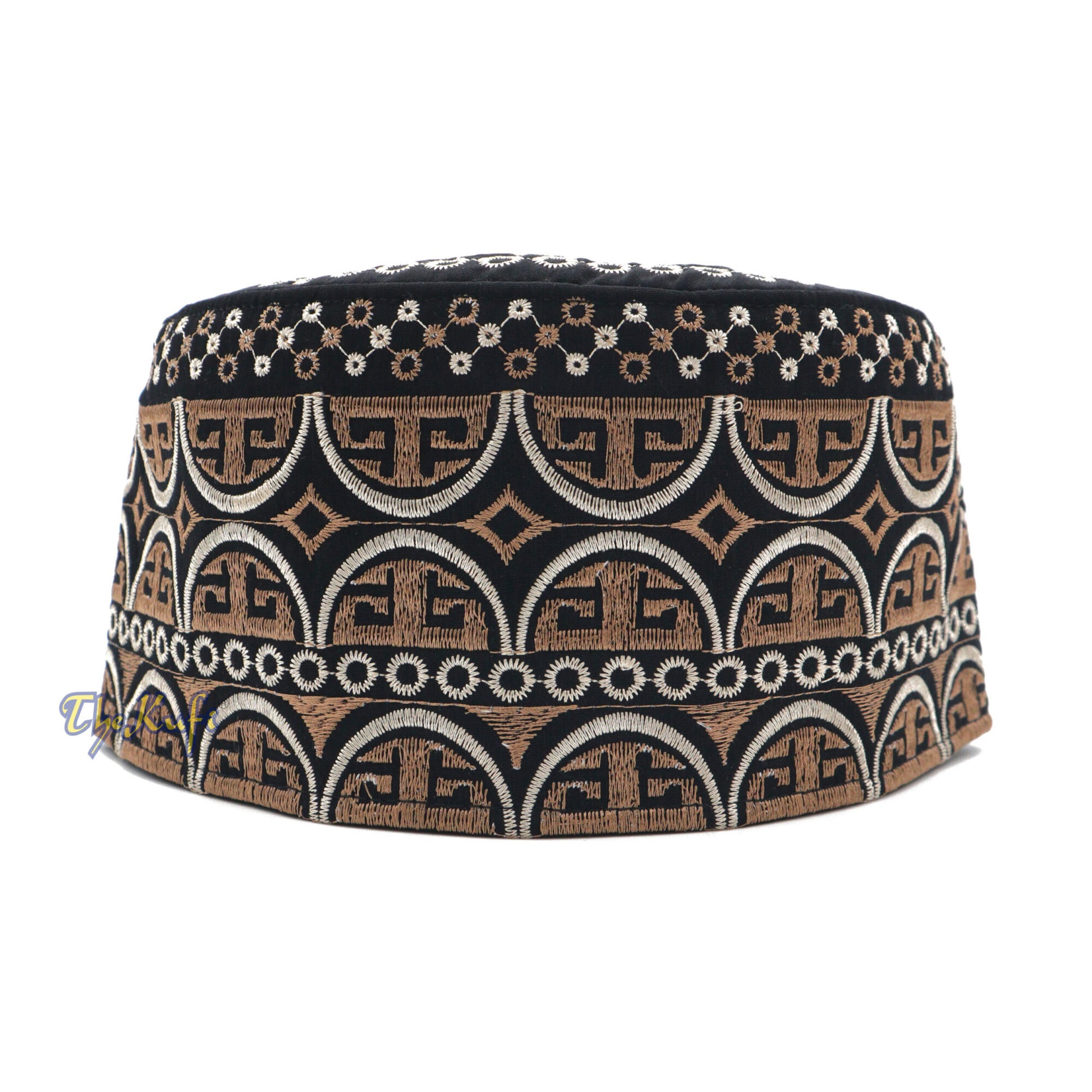 Omani Black Base With Silver Brown Arch Embroidery Kufi