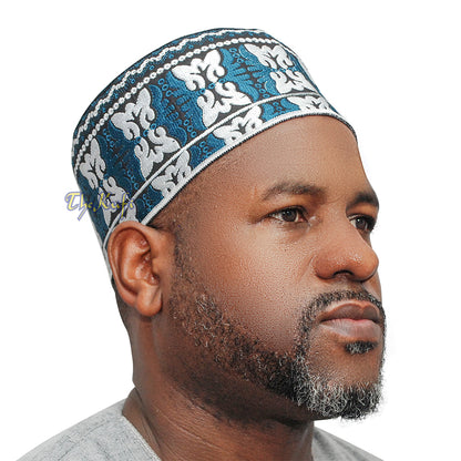 Dark Blue White Muslim Omani Kufi 4-Inch Tall Butterfly Motif Islamic African Fashion Prayer Hat