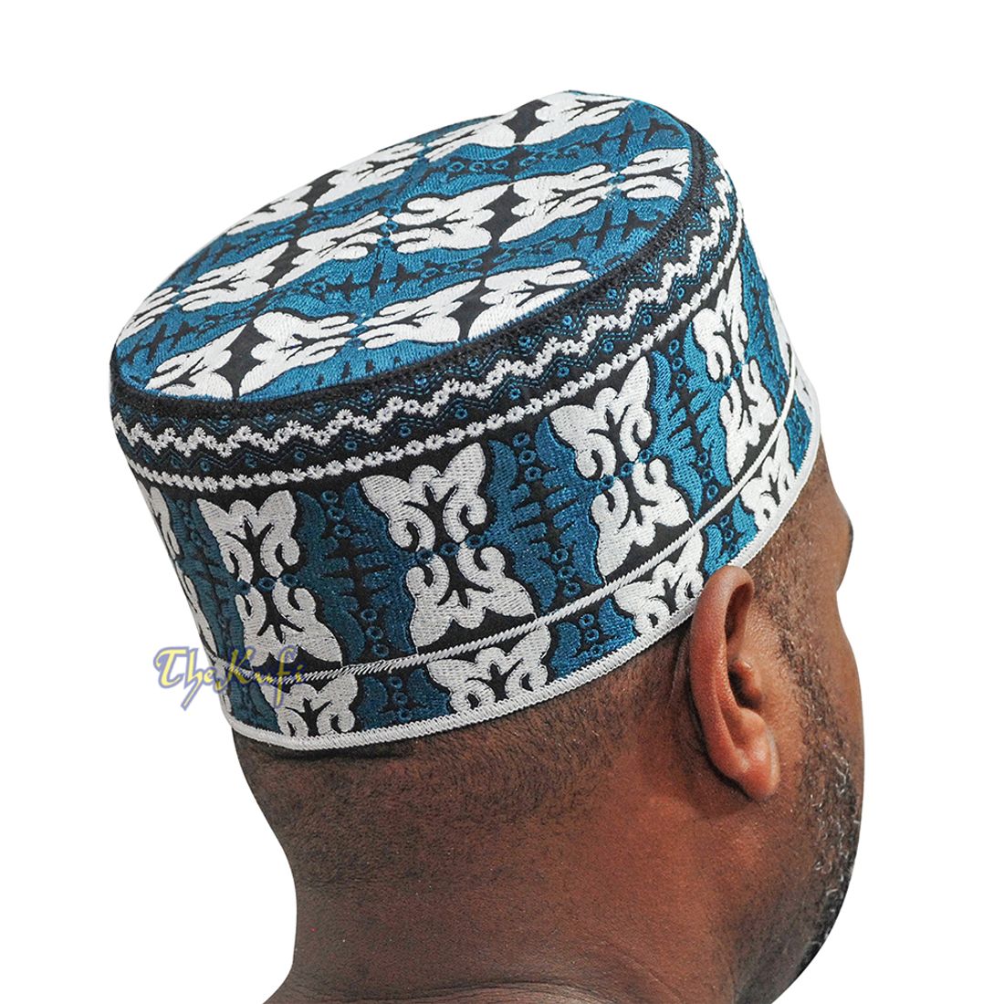 Dark Blue White Muslim Omani Kufi 4-inch Tall Butterfly Motif Islamic African Fashion Prayer Hat