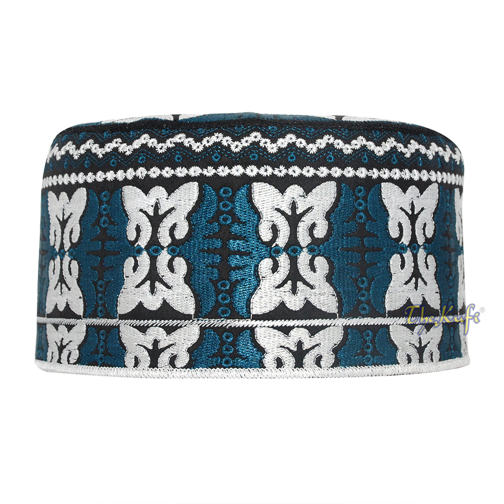 Dark Blue White Muslim Omani Kufi 4-inch Tall Butterfly Motif Islamic African Fashion Prayer Hat