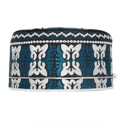Dark Blue White Muslim Omani Kufi 4-inch Tall Butterfly Motif Islamic African Fashion Prayer Hat