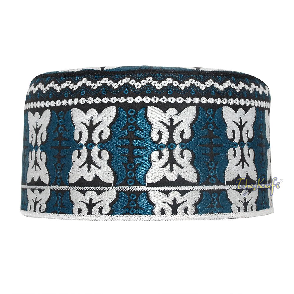 Dark Blue White Muslim Omani Kufi 4-inch Tall Butterfly Motif Islamic African Fashion Prayer Hat