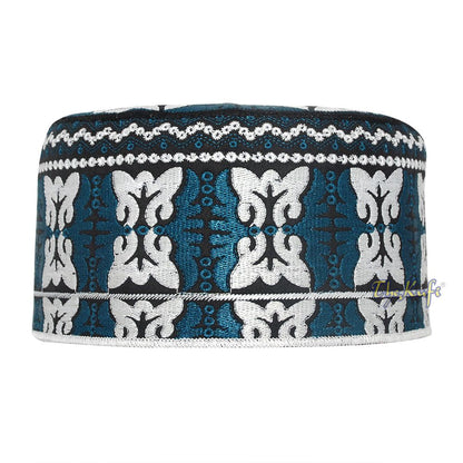 Dark Blue White Muslim Omani Kufi 4-inch Tall Butterfly Motif Islamic African Fashion Prayer Hat