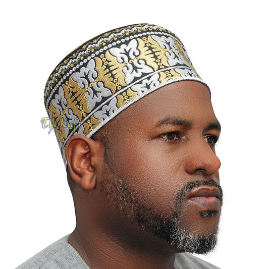 Topi Kufi Muslim Oman Hitam Coklat Keemasan Putih Motif Rama-rama 4-inci Islam Afrika Yaman Topi Kenya