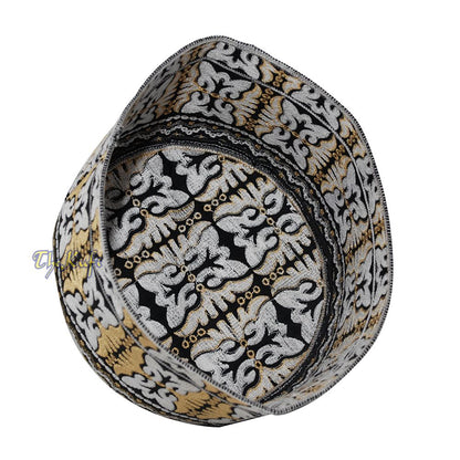 Muslim Omani Kufi Hat Black Golden-Brown White Butterfly Motif 4-inch Islamic African Yemeni Kenyan Topi