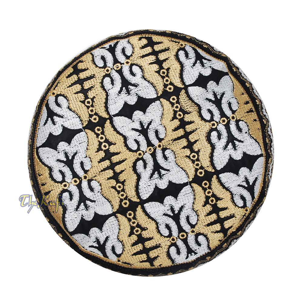 Muslim Omani Kufi Hat Black Golden-Brown White Butterfly Motif 4-inch Islamic African Yemeni Kenyan Topi