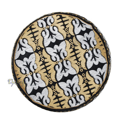 Muslim Omani Kufi Hat Black Golden-Brown White Butterfly Motif 4-inch Islamic African Yemeni Kenyan Topi